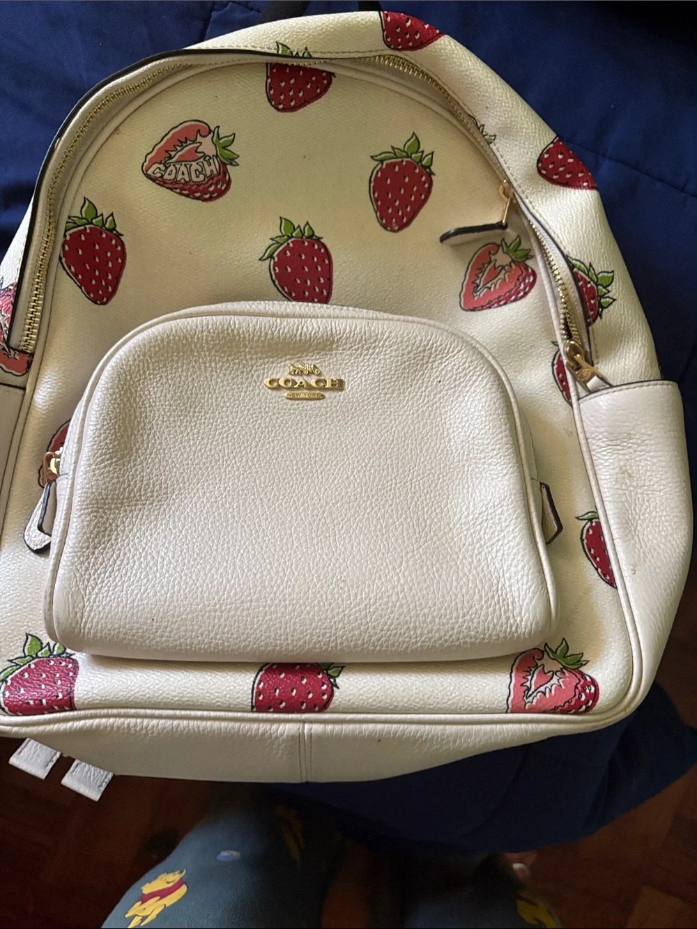 Coach Cream Leather Strawberry Print Backpack with Gold Hardware